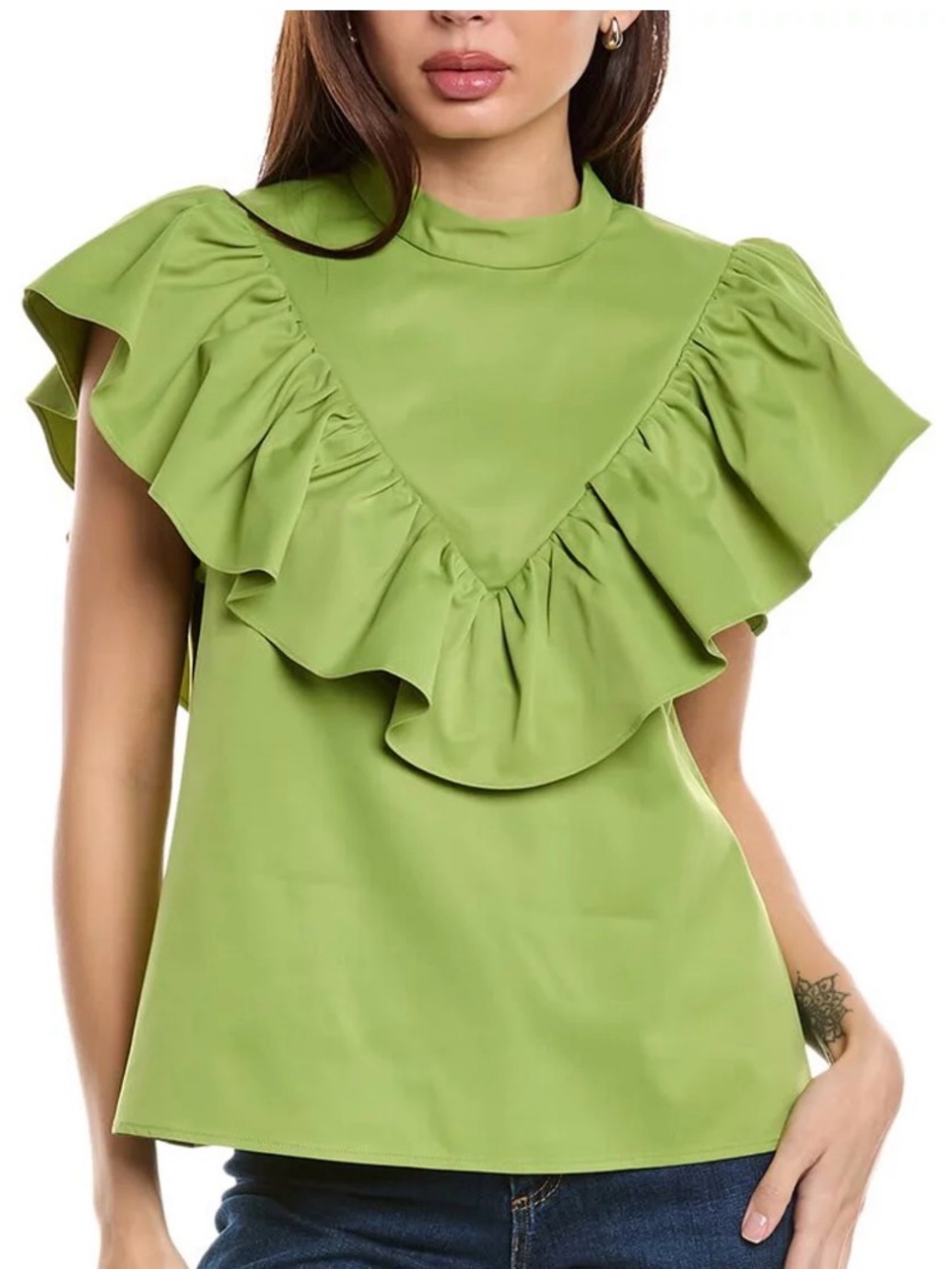 CROSBY by Mollie Burch Green Ruffle Flutter Sleeve Top Blouse XS